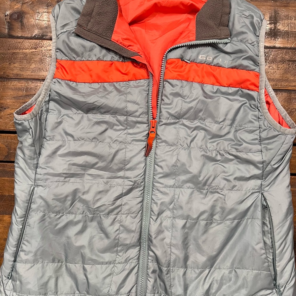 GoLite Down Vest Mens Lg Orange Puffer Full Zip Ripstop Winter Layering Thermal